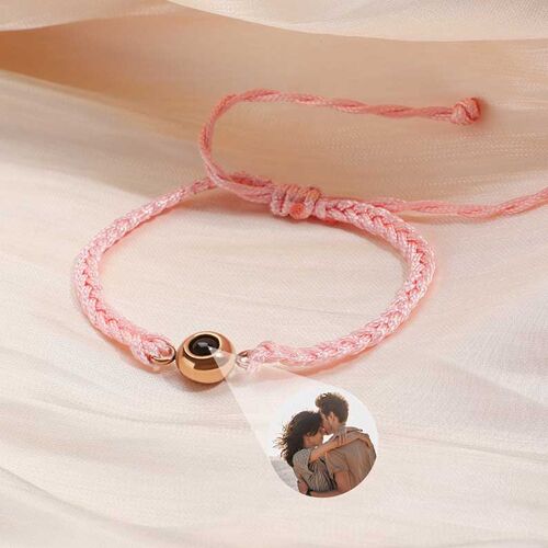 Personalized Circle Photo Projector Bracelet For Women And Men Sliver with Pink Rope