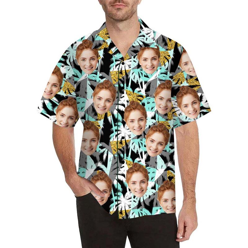 Chemise hawaïenne à impression intégrale pour hommes avec visage personnalisé en forme de palmier