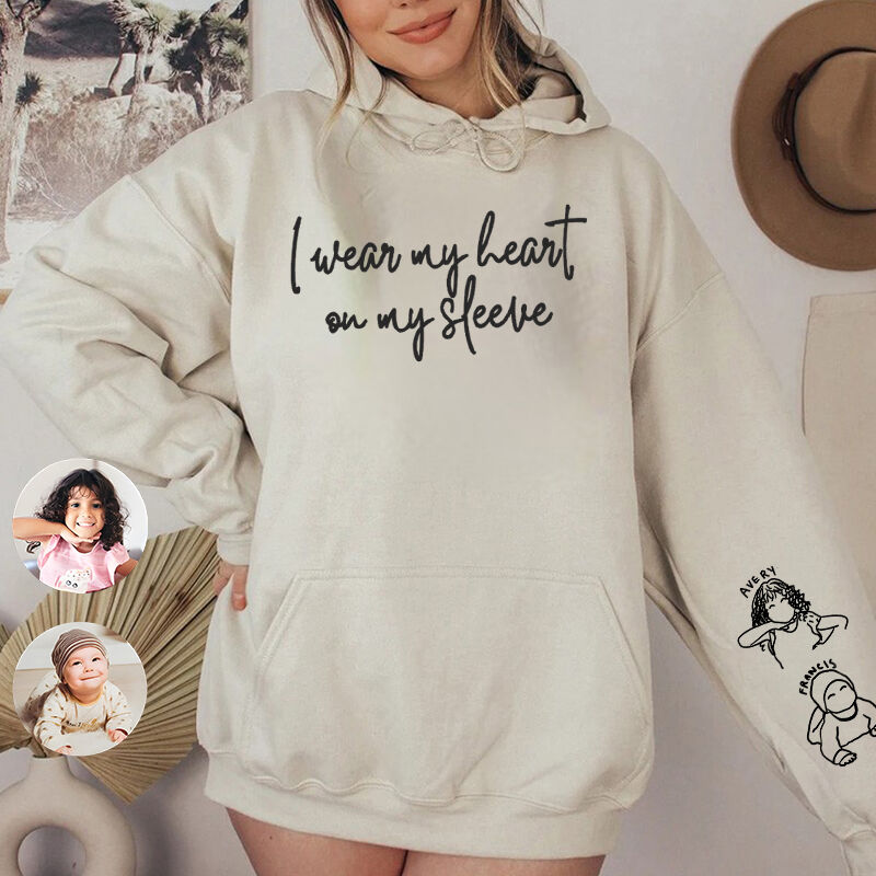 Personalized Hoodie Wear My Heart On My Sleeve with Custom Photos Perfect Gift for Mother's Day