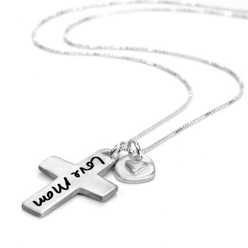 Personalisierte Handschrift Halskette mit Kreuz und kleinem Herz