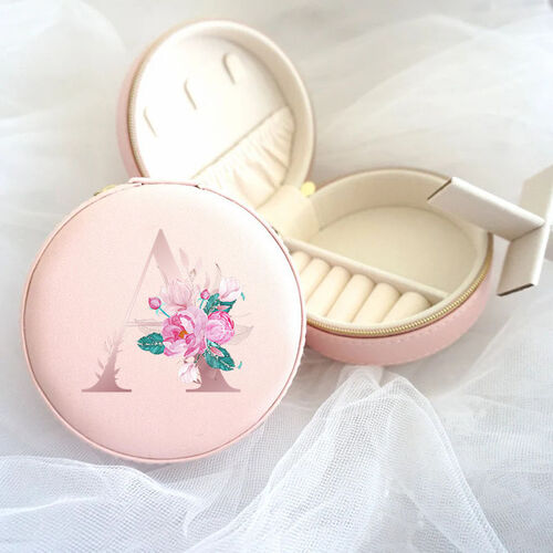 Personalized Jewelry Box Round Custom Letter with Beautiful Flower Pattern