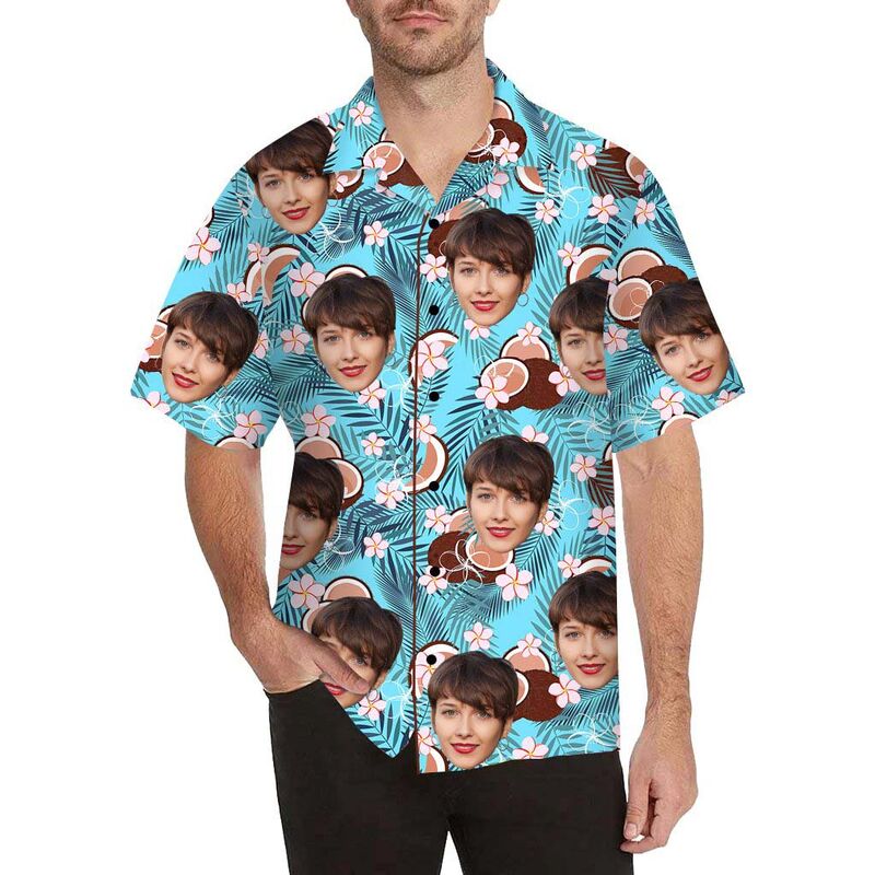 Chemise hawaïenne imprimée sur tout le corps pour homme, avec visage personnalisé, frangipanier et noix de coco
