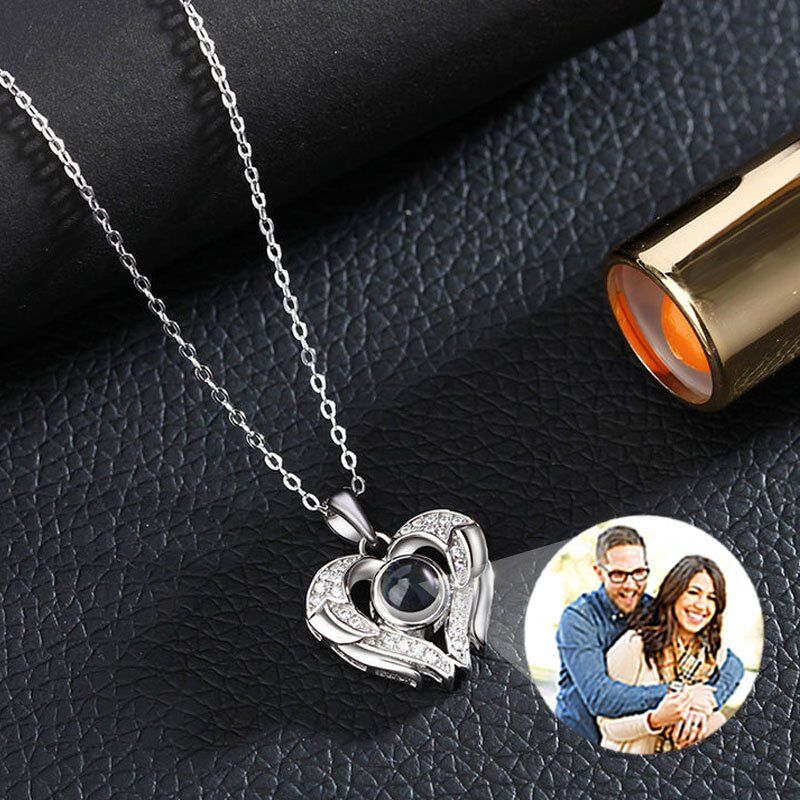 Sterling Silver Personalized Photo Projection Necklace-Heart & Wings