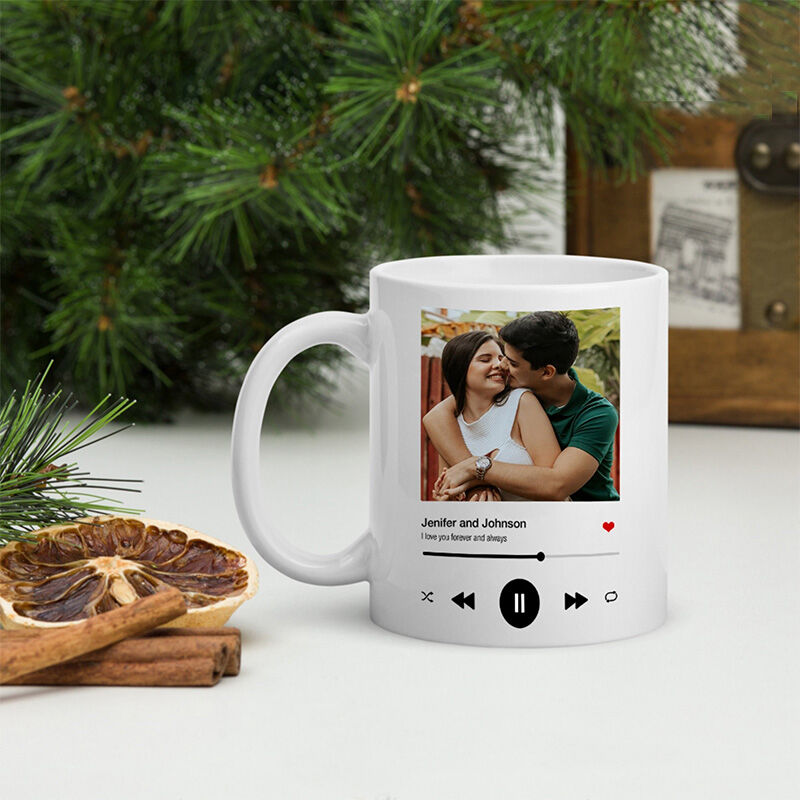 Taza personalizada con foto y grabado de música para pareja