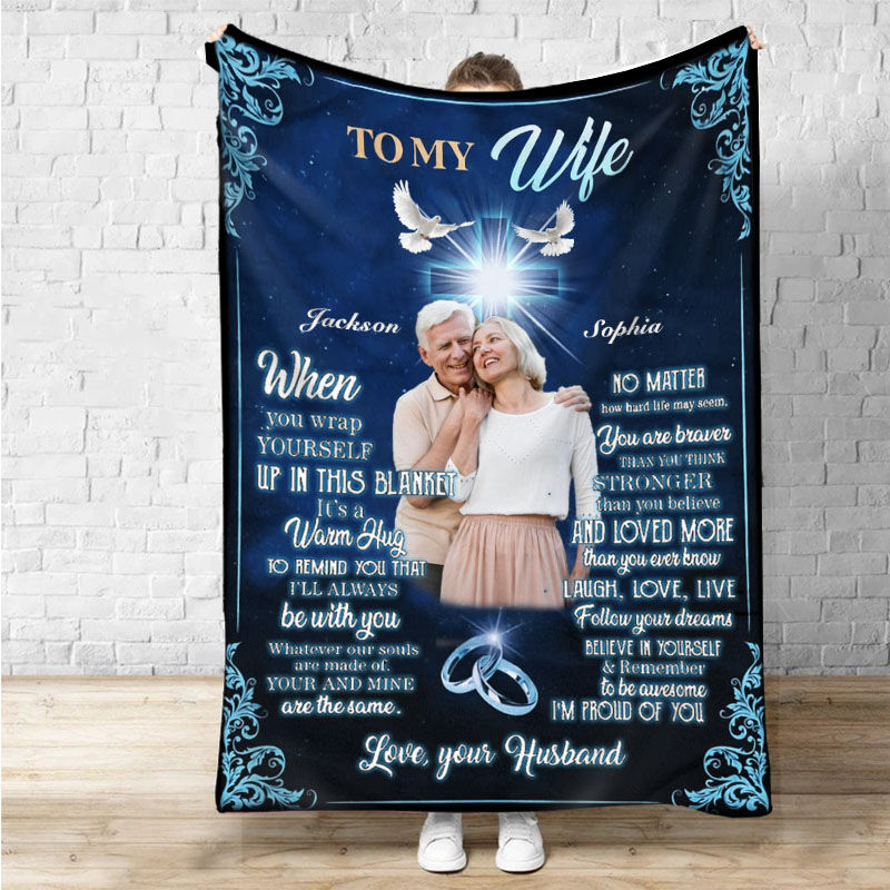 Personalized Picture Blanket with White Birds Pattern Precious Gift for Wife "It's A Warm Hug"