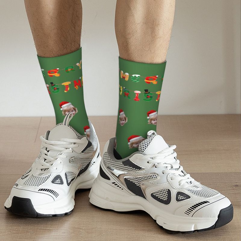 "Merry Christmas" Personalized Face Socks Add Your Child's Photo as a Gift for Family