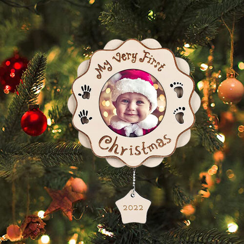 Personalised Photo with "My First Christmas"Lettering Christmas Tree Decoration Wood Frame Plaque