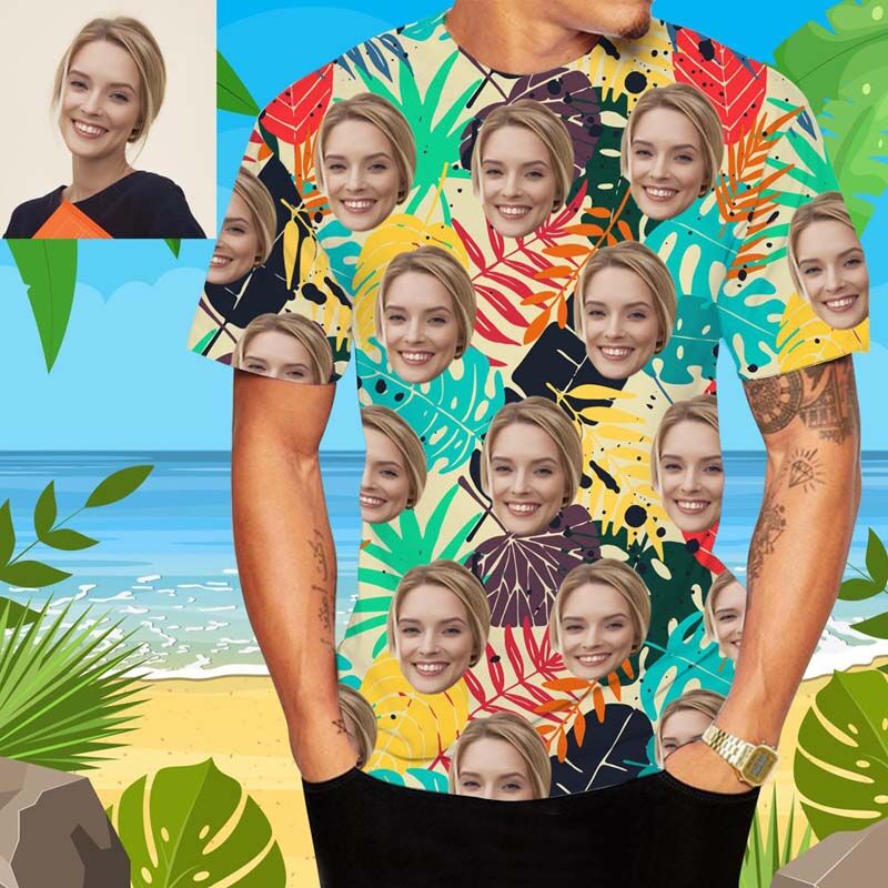 T-shirt hawaïen Visage personnalisé Feuilles coloréespour hommes