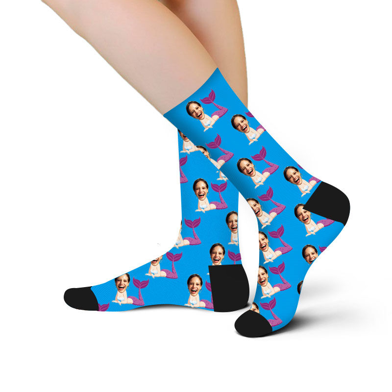 Custom Face Picture Socks Printed with Mermaid for Beautiful Girl