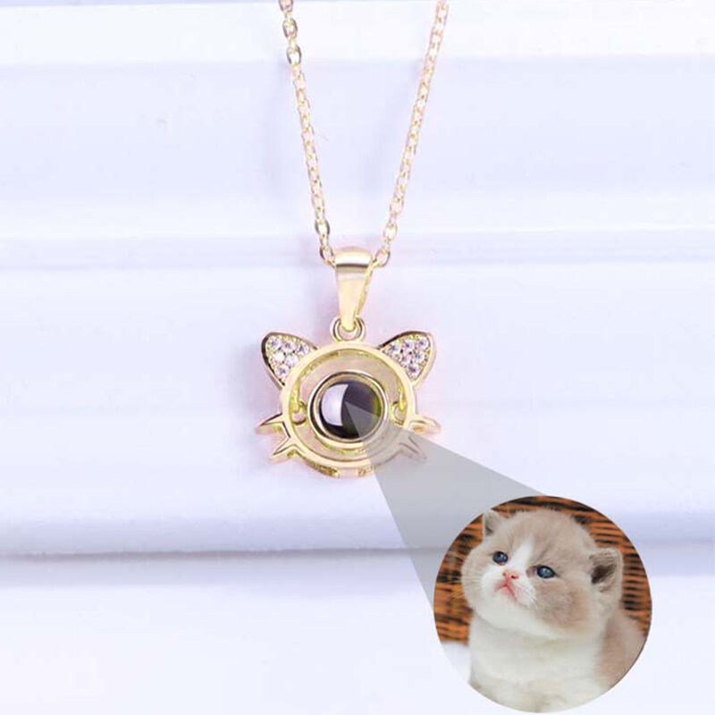 Collana con Proiezione di Foto Personalizzata per Amante degli Animali Domestici-Gatto Carino Argento Sterling