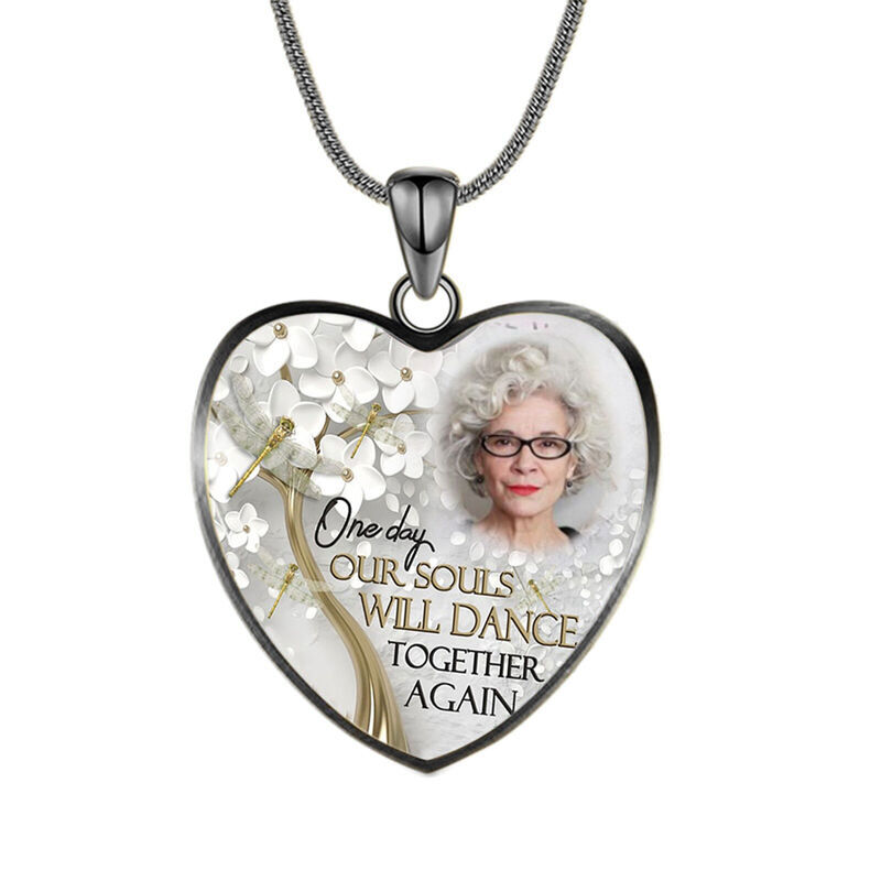 Collar conmemorativo de amigos con foto de círculo personalizada y flores blancos en forma de corazón