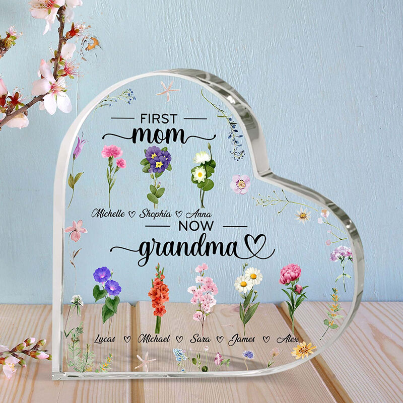 Personalized Heart Shaped Acrylic Plaque First Mom Now Grandma Design Custom Birth Flowers Great Gift for Mother's Day