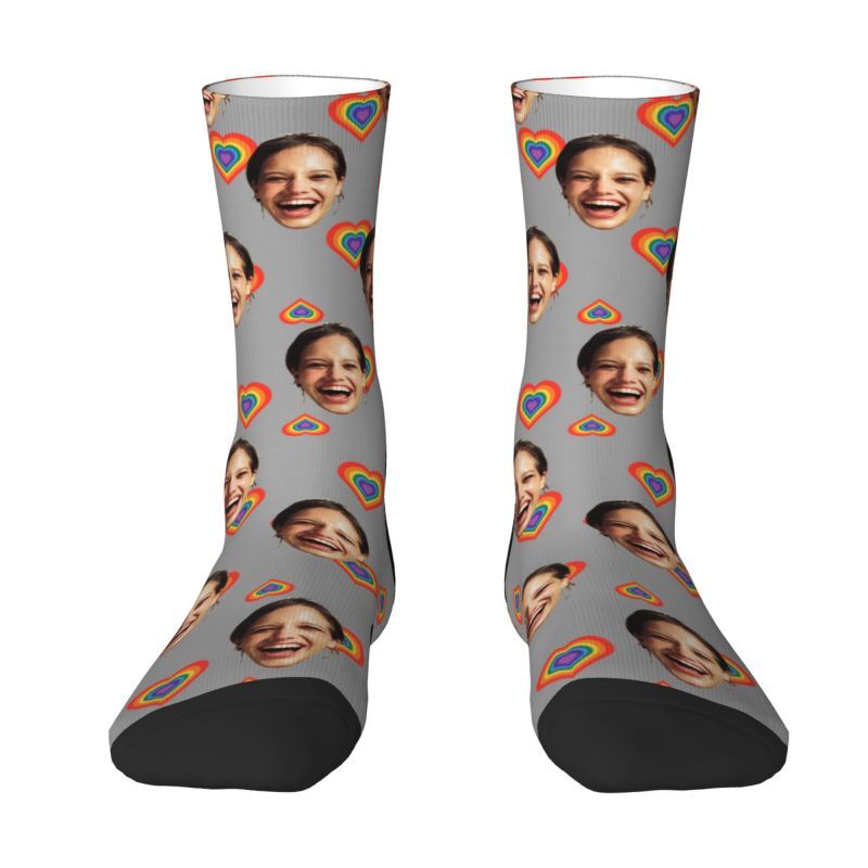 Customized Face Socks with Rainbow Hearts Valentine's Day Gifts for Couples