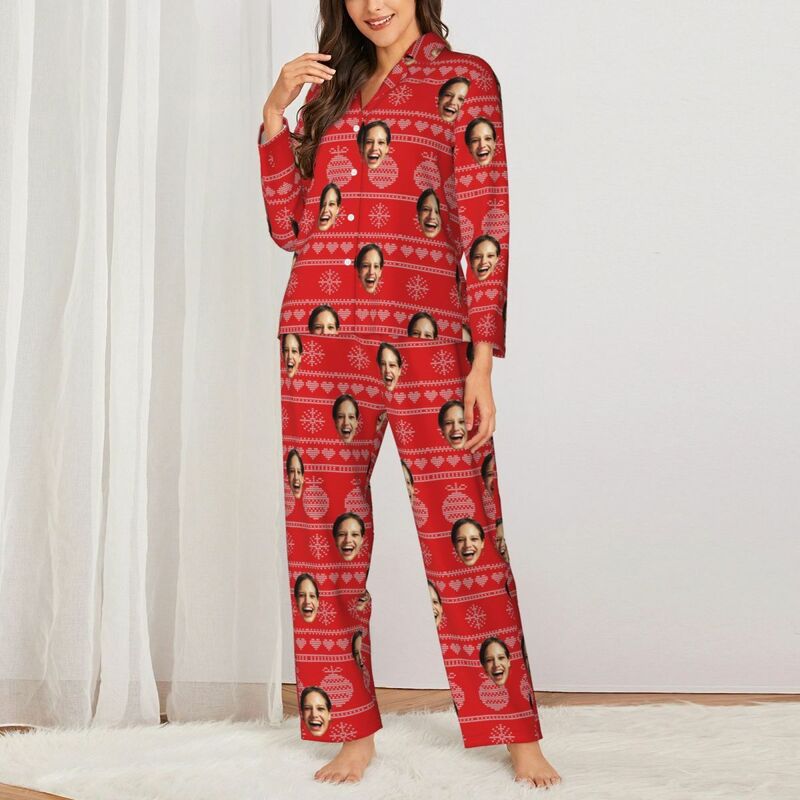 Pijama personalizado con foto personalizada, icono de campana navideña, diseño de estilo píxel rojo, regalo perfecto para ella