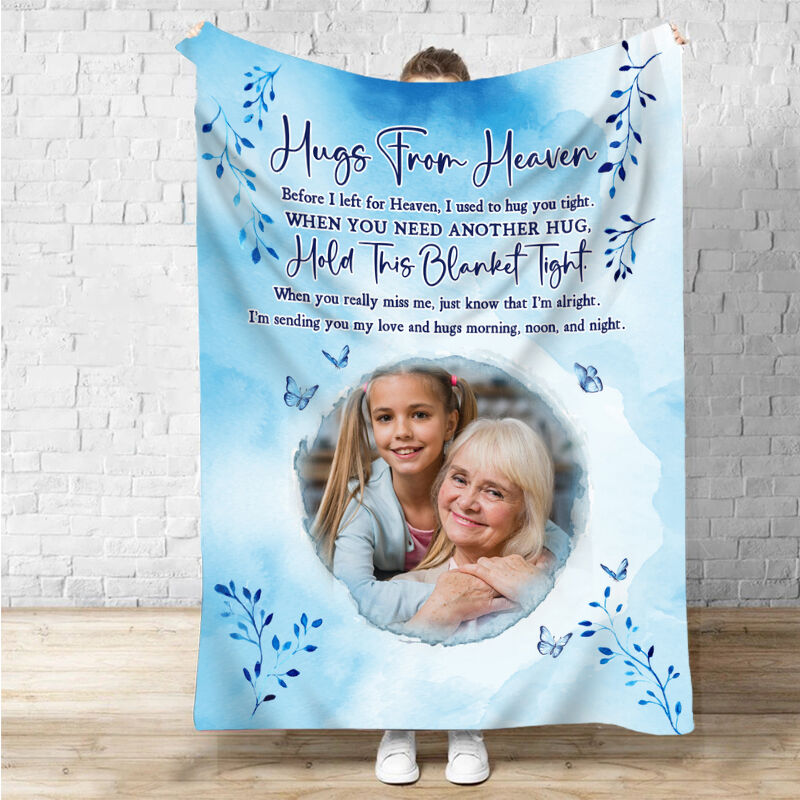 Personalized Picture Blanket with Blue Leaves Pattern Memorial Gift for Family