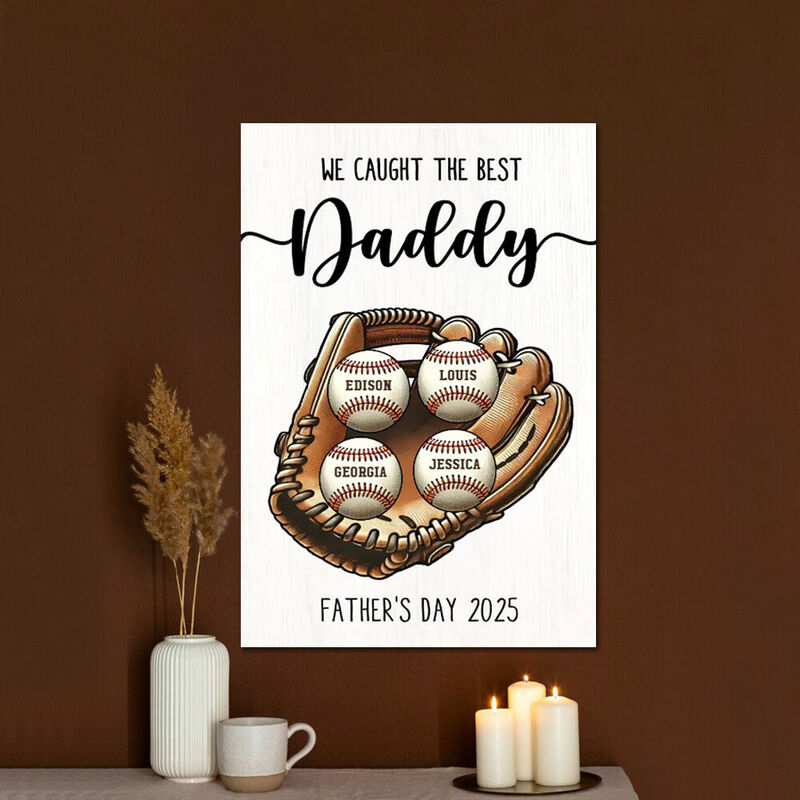 Personalized Name Canvas Wall Art with Baseball Pattern Cool Gift for Dear Dad