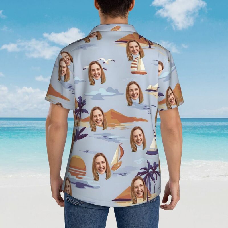 Personlig hawaiisk skjorta med tryck av segling på havet semesterpresent med eget foto för par