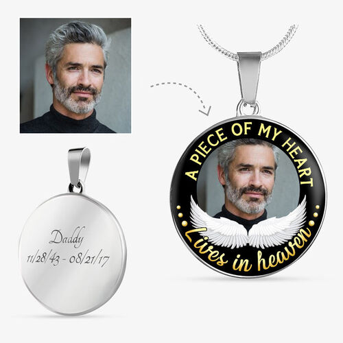 "A Piece of My Heart Lives In Heaven" Unique Custom Engraved Circle Pendant Necklace