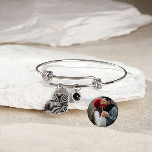 Personalized Projected Photo Bracelet with Heart Custom Fingerprint Charm