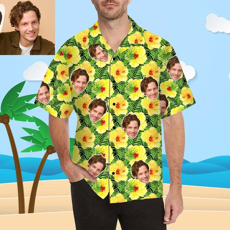 Custom Face Yellow Hibiscus and Leaves Men's All Over Print Hawaiian Shirt