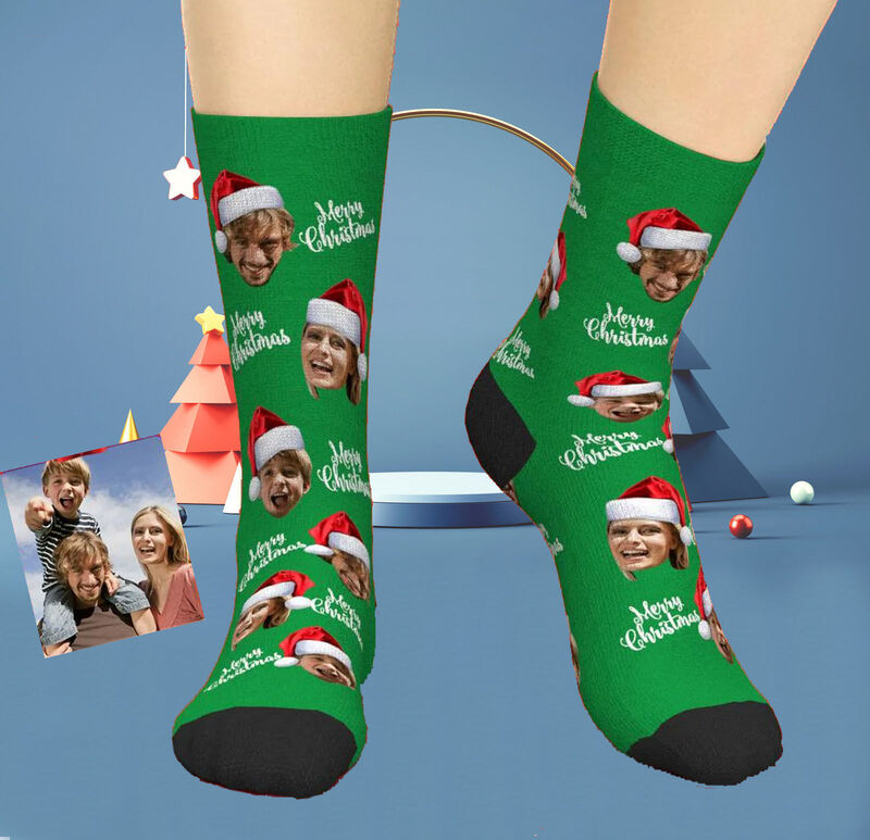 "Merry Christmas" Custom Face Picture Socks Printed with Santa Hat Funny Christmas Gift