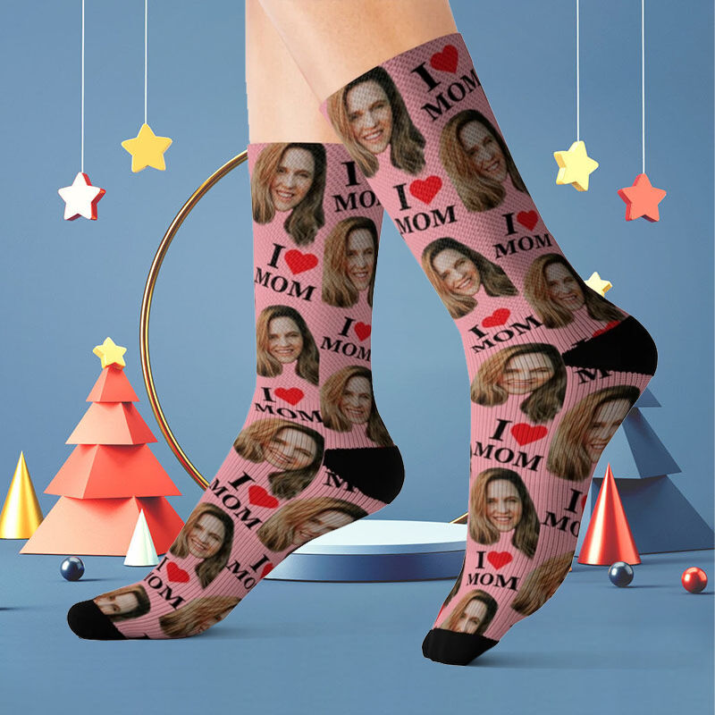 "I Love Mom"Custom Face Picture Socks Gift for Favorite Mom