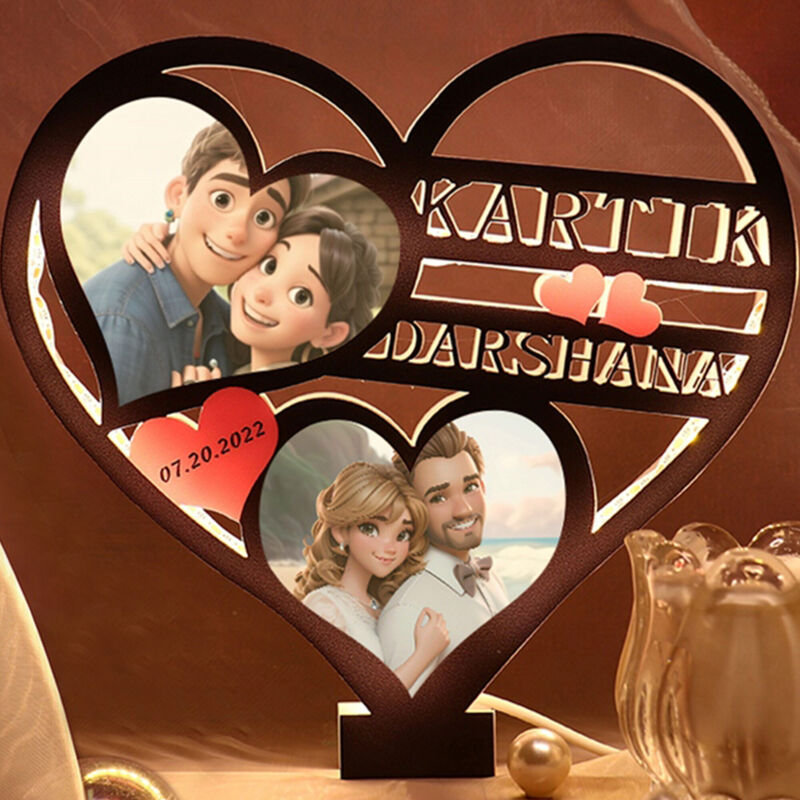 Personalized Heart Shaped Night Light Custom Cartoon Style Photos And Names Cute Gifts For Couples