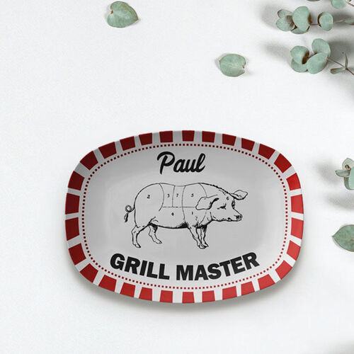 Assiette de texte personnalisée avec un motif de cochon Cadeau amusant pour la fête des pères "Maître du gril"