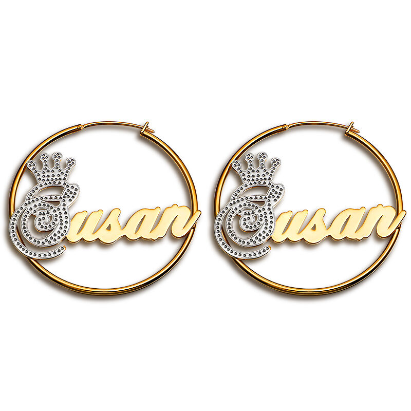 Crown Personalized Two Tone Hoop Name Earrings