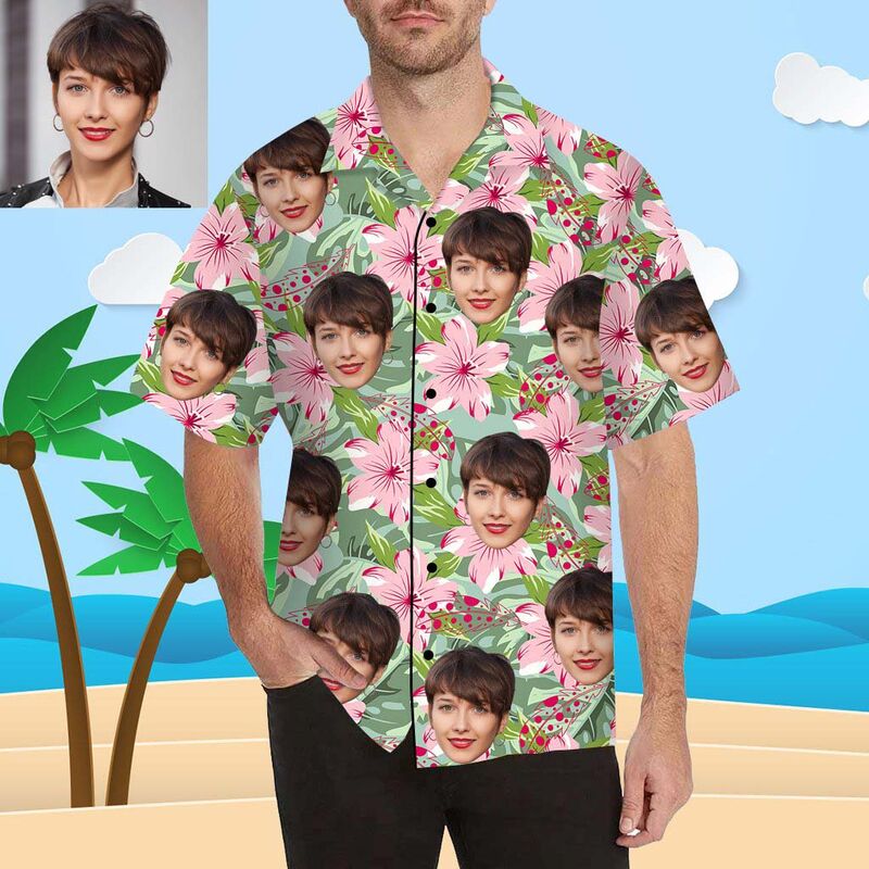 Custom Face Flowers and Feathers Men's All Over Print Hawaiian Shirt