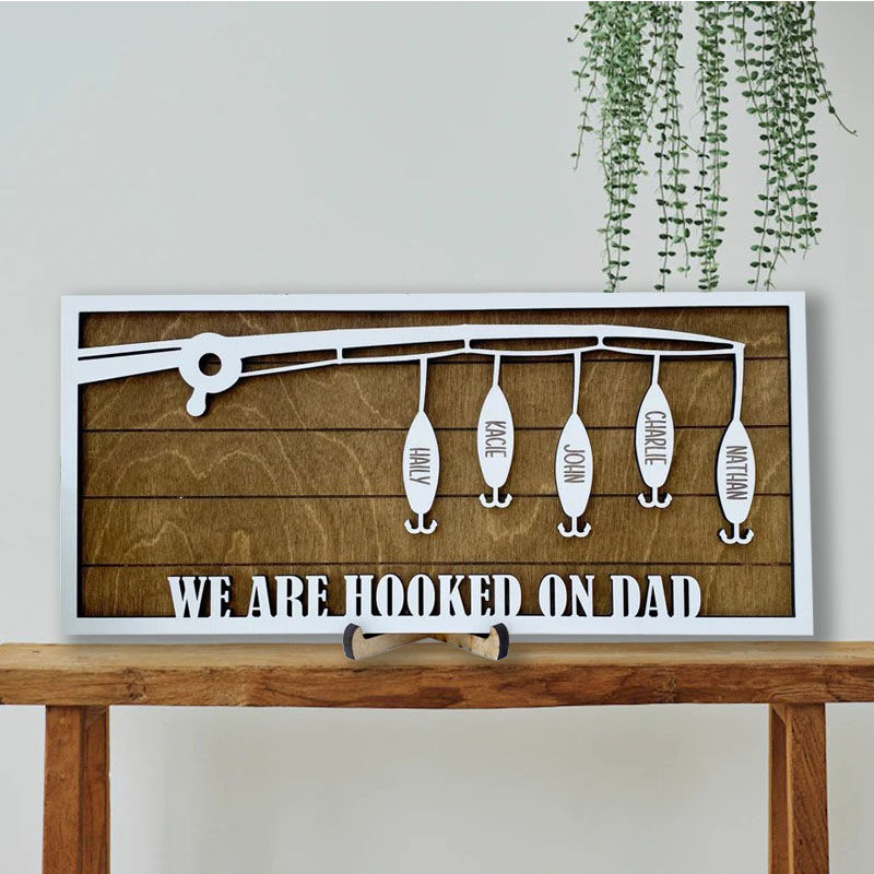 Personalized Fishing Rod Custom Family Name Wooden Frame for Dad