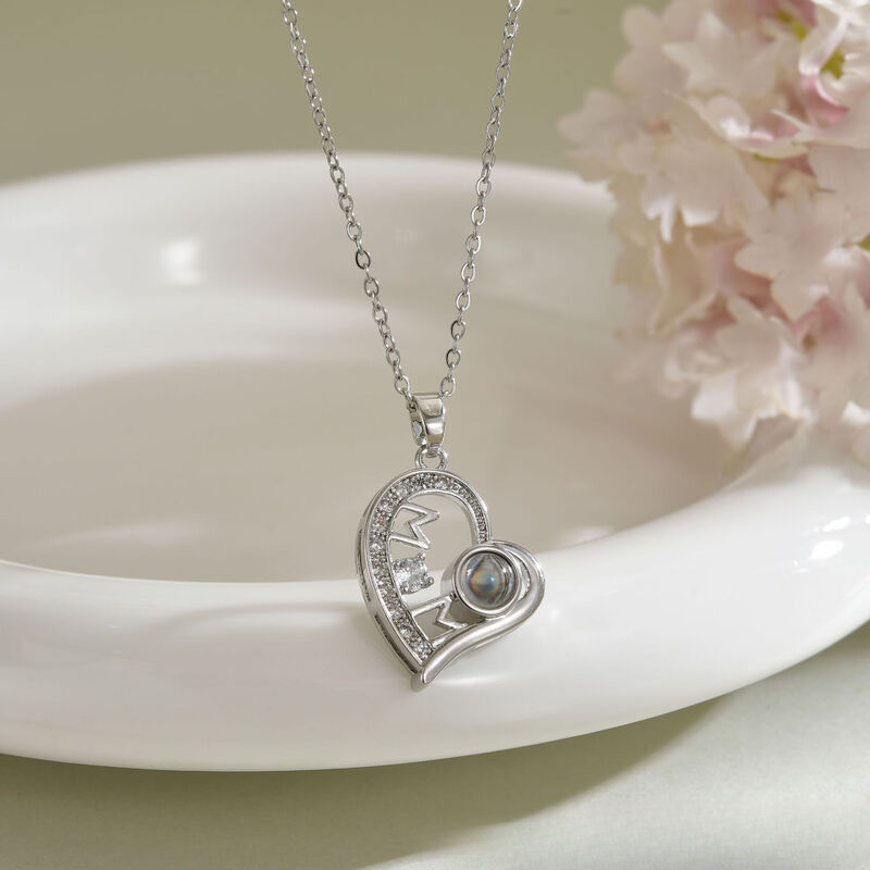 Personalized Heart Shaped Mom Picture Projection Necklace with Diamonds Beautiful Gift for Mother's Day