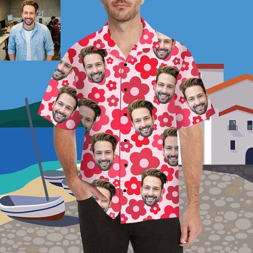 Personalisiertes Gesicht Rote Blume Alloverdruck Herren-Hawaiihemd
