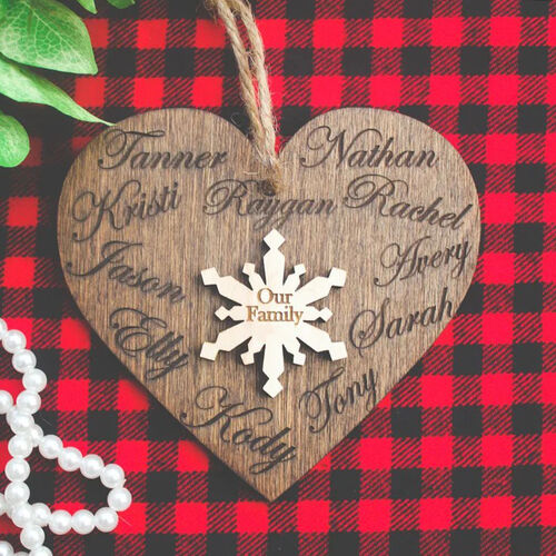 Personalized Heart Snowflake Wood Family Name Christmas Ornament for Family