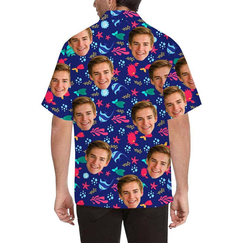 Chemise hawaïenne imprimée sur tout le corps d'un homme, avec visage personnalisé et vie marine