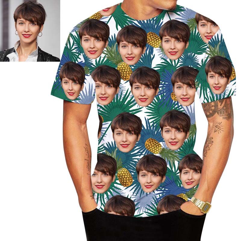 Custom Face Hawaiian T-Shirt With Pineapplle & Leaves