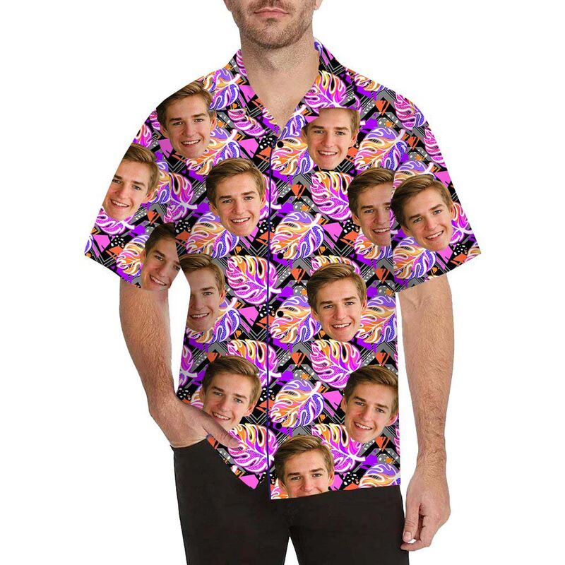 Custom Face Pretty Purple Leaves Men's All Over Print Hawaiian Shirt