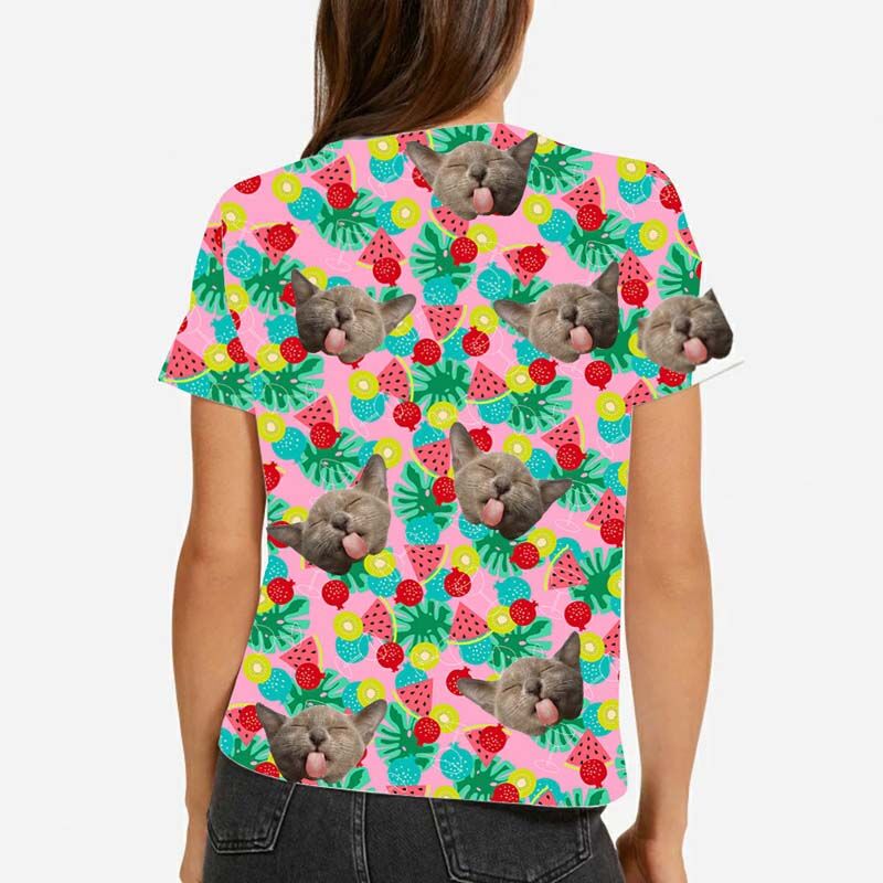 T-shirt hawaïen Visage d'animal de compagnie personnalisé pour femme avec fruits colorés