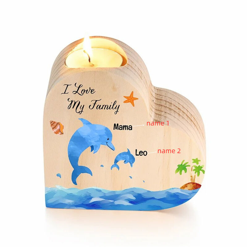 Personalisierte hölzerne Herz Kerze Halter benutzerdefinierte Namen für Kinder mit niedlichen Delphine Muster