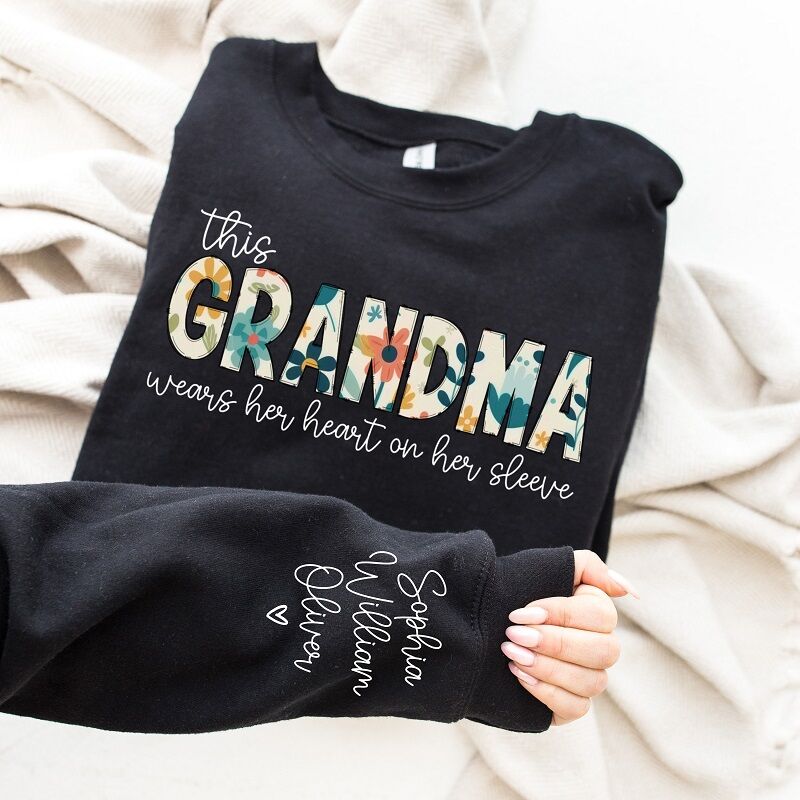 Personalized Sweatshirt Grandma Wears Her Heart On Her Sleeve with Custom Names Gift for Dear Nana