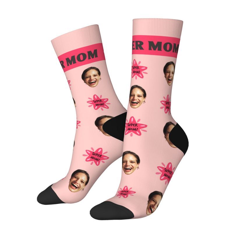 Chaussettes "Super Maman" avec visage personnalisé et photos pour la fête des mères