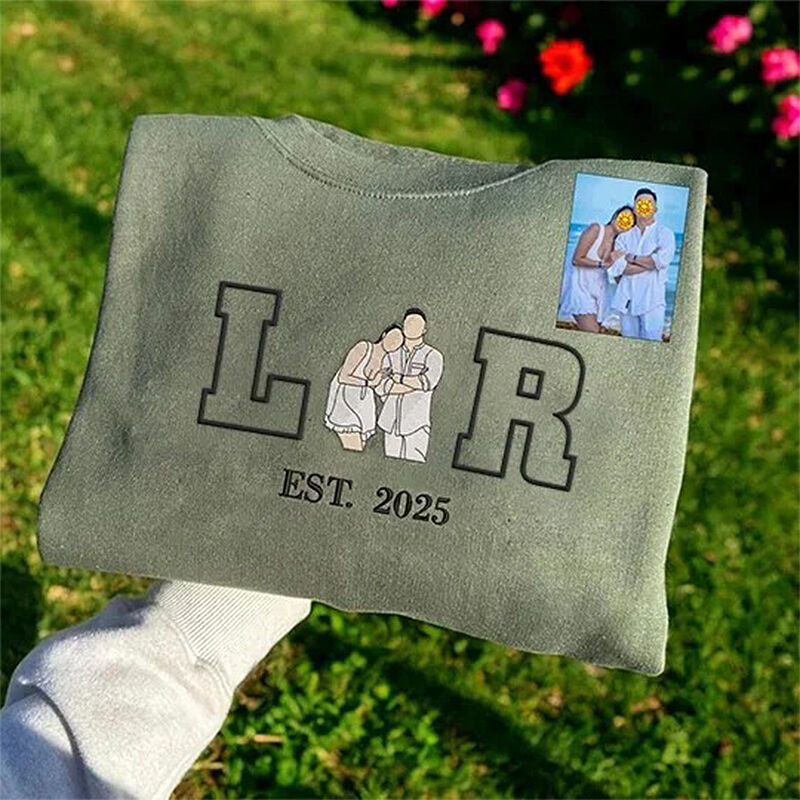 Personalized Sweatshirt Embroidered Custom Couple Photo with Initials Design Perfect Gift for Lovers