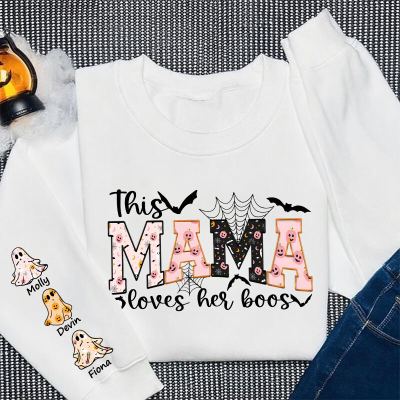 Sudadera personalizada Esta mamá ama a sus pequeños, lindo diseño de fantasma para niños, regalo de Halloween para mamá