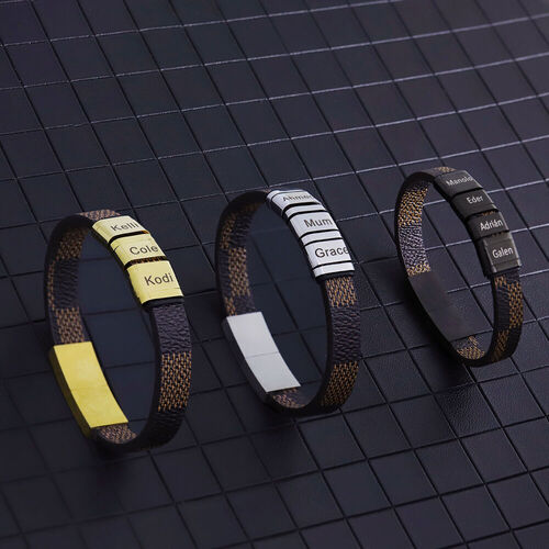 Personalized Vintage Leather Men's Bracelet Custom Family Names Heartwarming Father's Day Gift