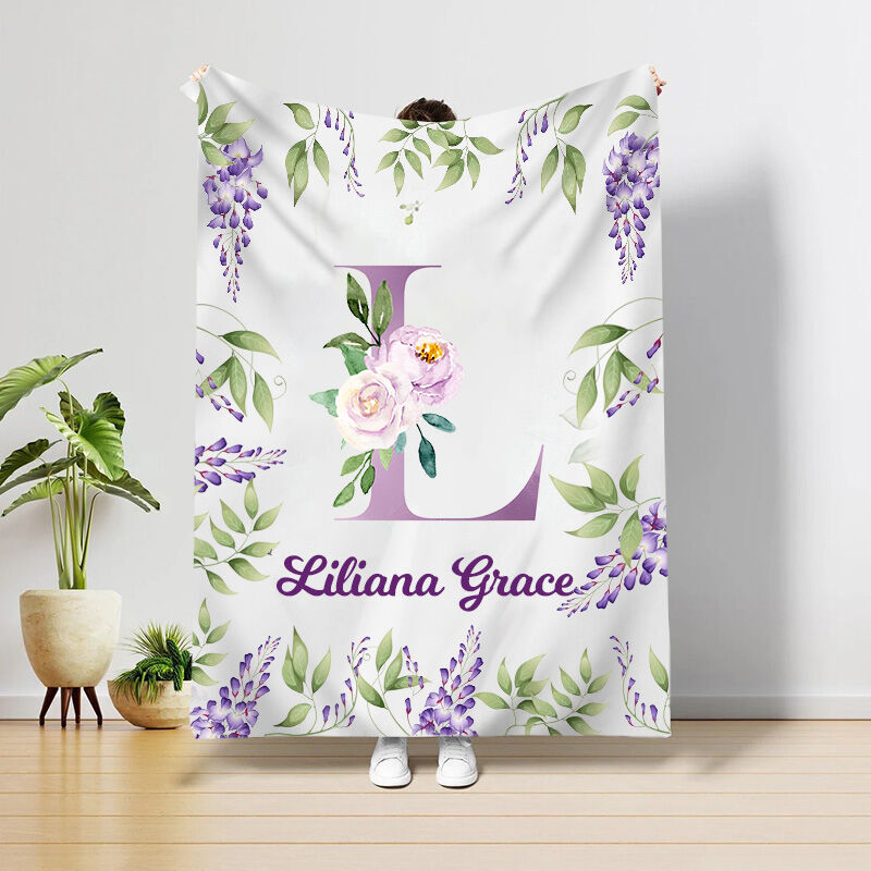 Personalized Name Comfortable Blanket with Purple Flowers Pattern