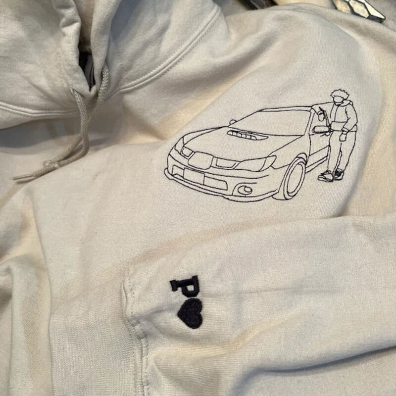 Personalized Hoodie Custom Embroidered Car Photo Line Drawing Design Cool Gift for Car Loving Friend