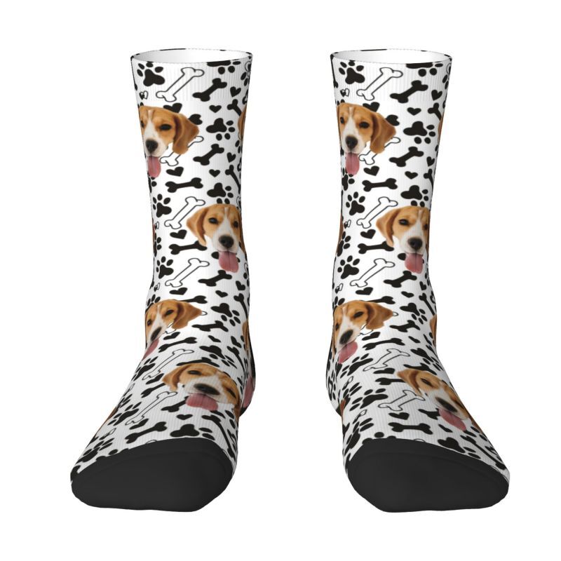Customizable Face Socks with Pet Photo and Black White Bones Prints