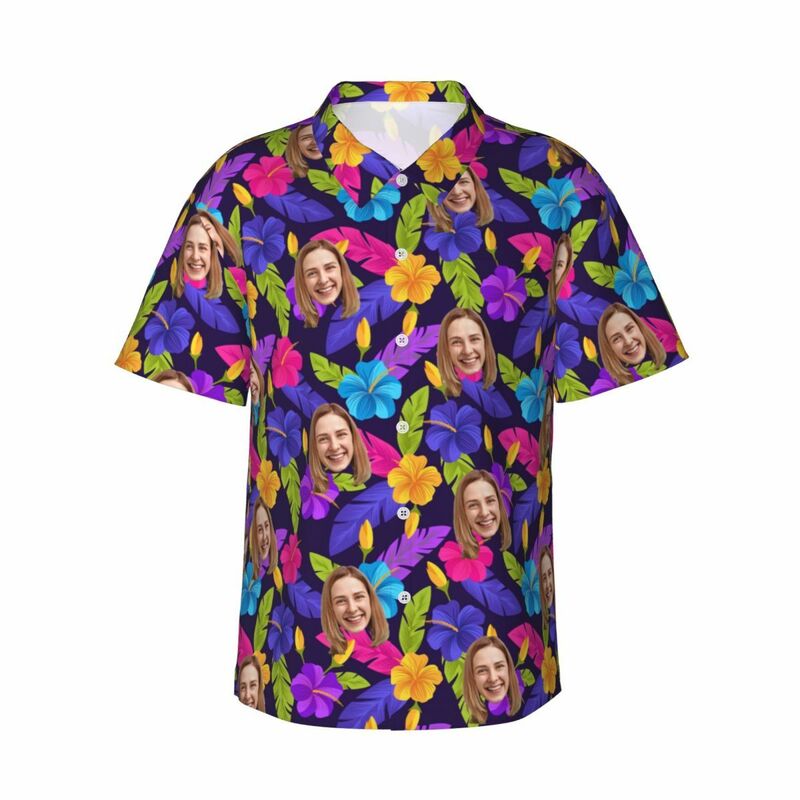 Camicia hawaiana personalizzata con faccia divertente e foglia tropicale per uomo