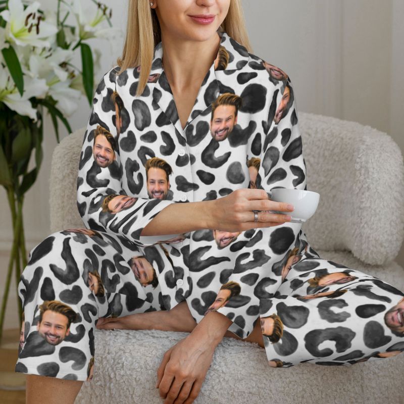 Personalized Pajamas Custom Photo Black Leopard Print Style Chic Design Gift for Family Members