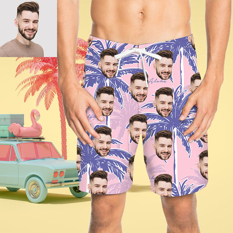 Custom Face Purple Coconut Tree Men's Beach Shorts